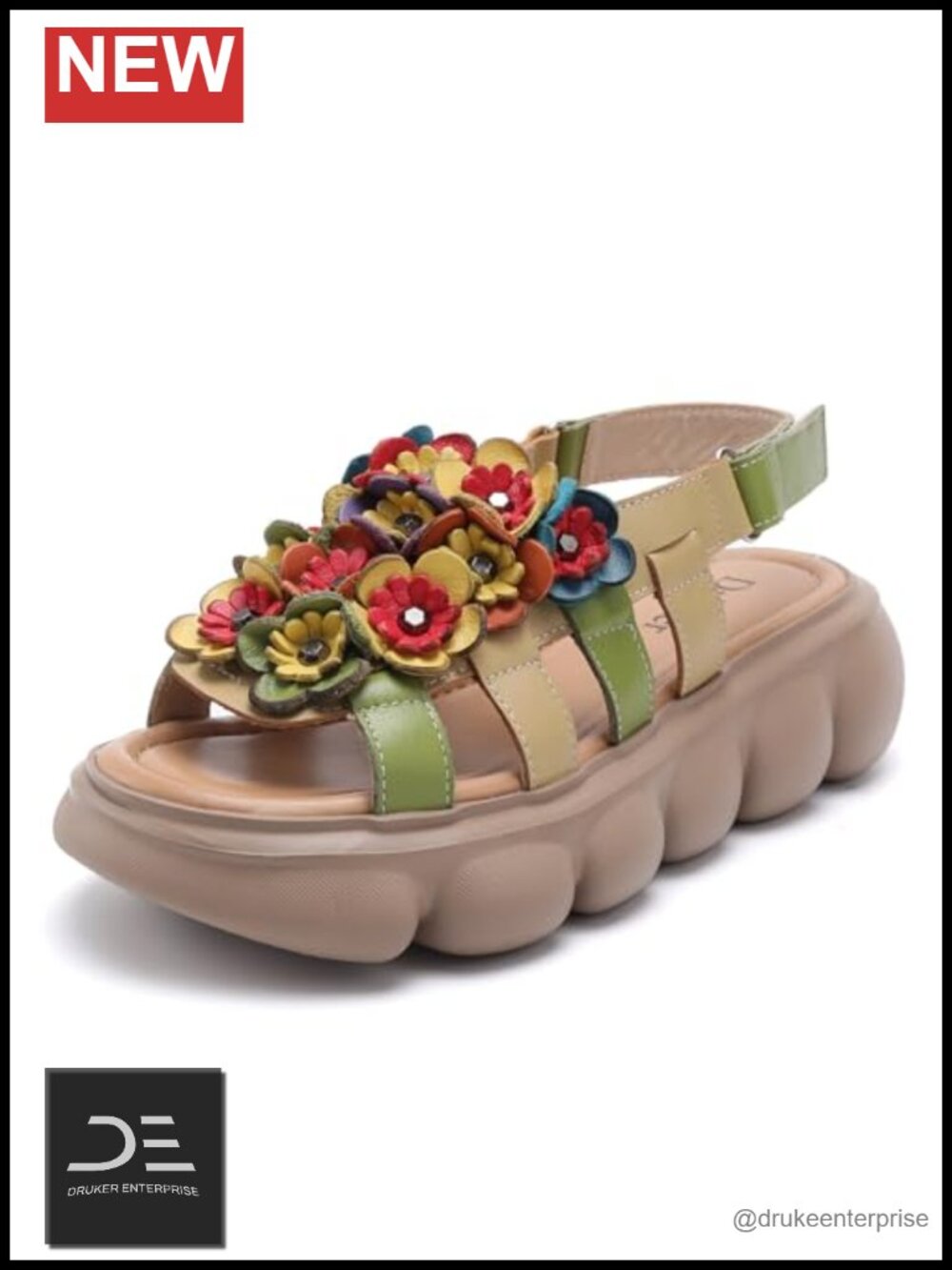 Dressy Platform Wedge Sandals with Flowers Open Toe Hook-and-Loop Strap